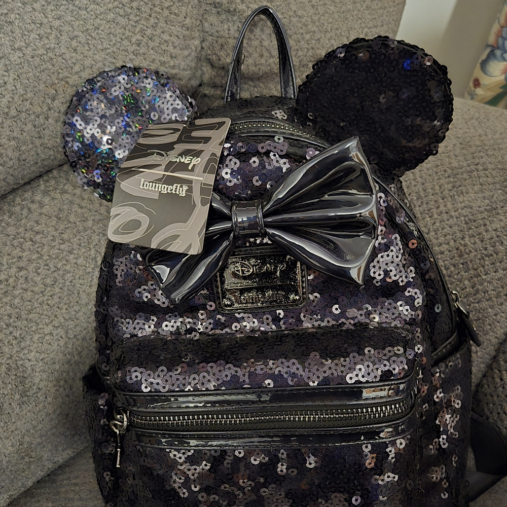 Loungefly Black Sequin & Holographic Backpack with Minnie Bow Ears
